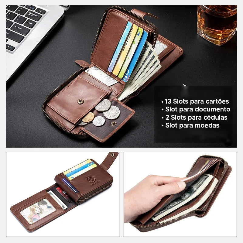 Carteira Masculina Couro Retro RFID Ziper SCHLATUM Texas